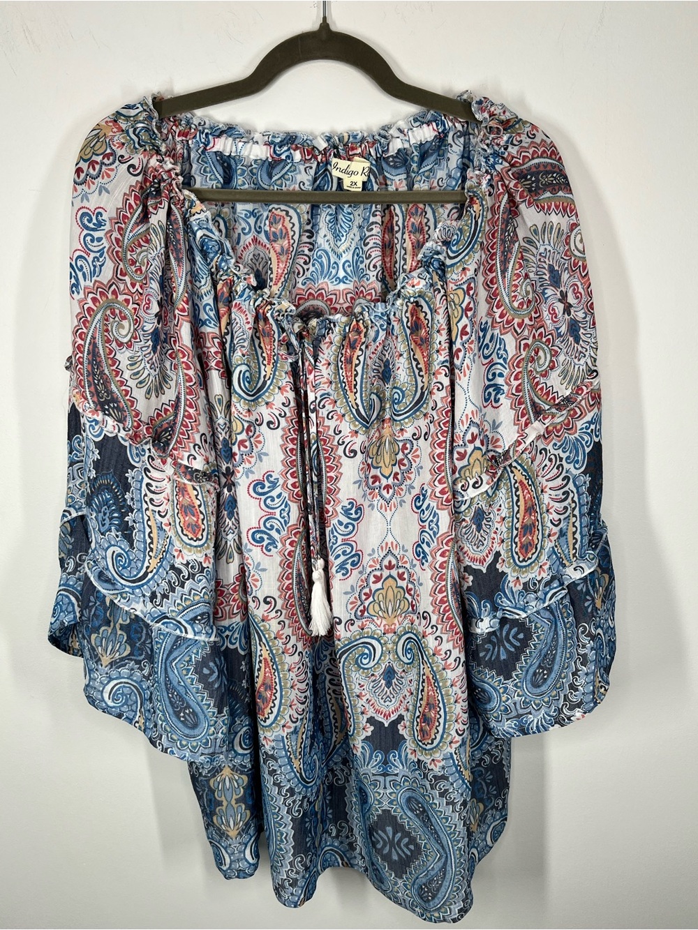 NWT Indigo Rose Flowy Tiered Sleeve Tassel Tie Pheasant Top 2X